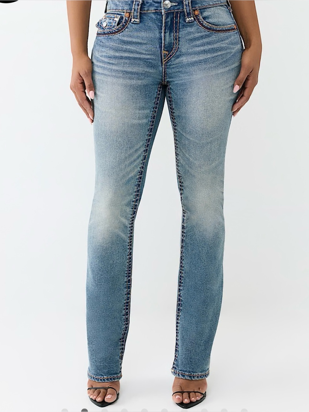 True Religion Billie Mid Rise Super T Appliqué Flap Straight Jean